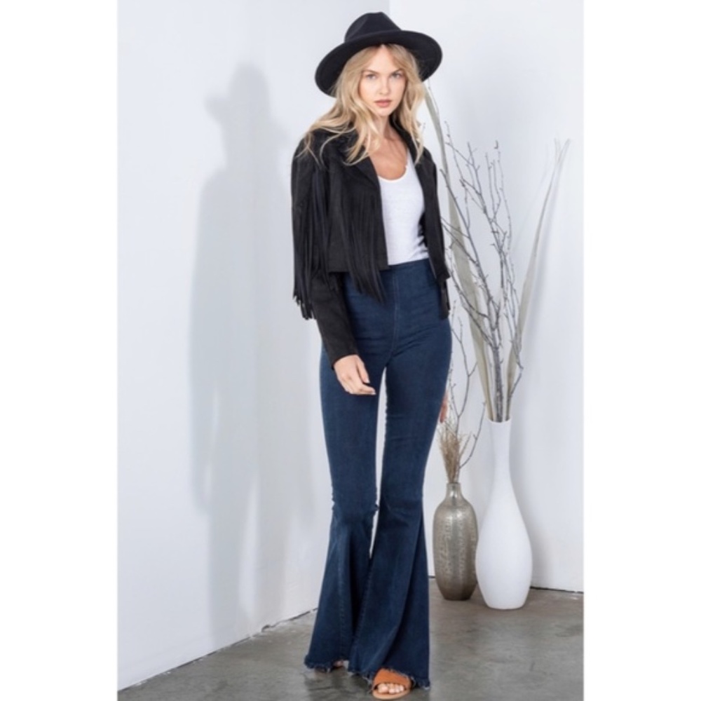 SOLD OUT Black Faux Leather Suede Fringe Cropped Western Boho Moto Jacket - Picture 5 of 8